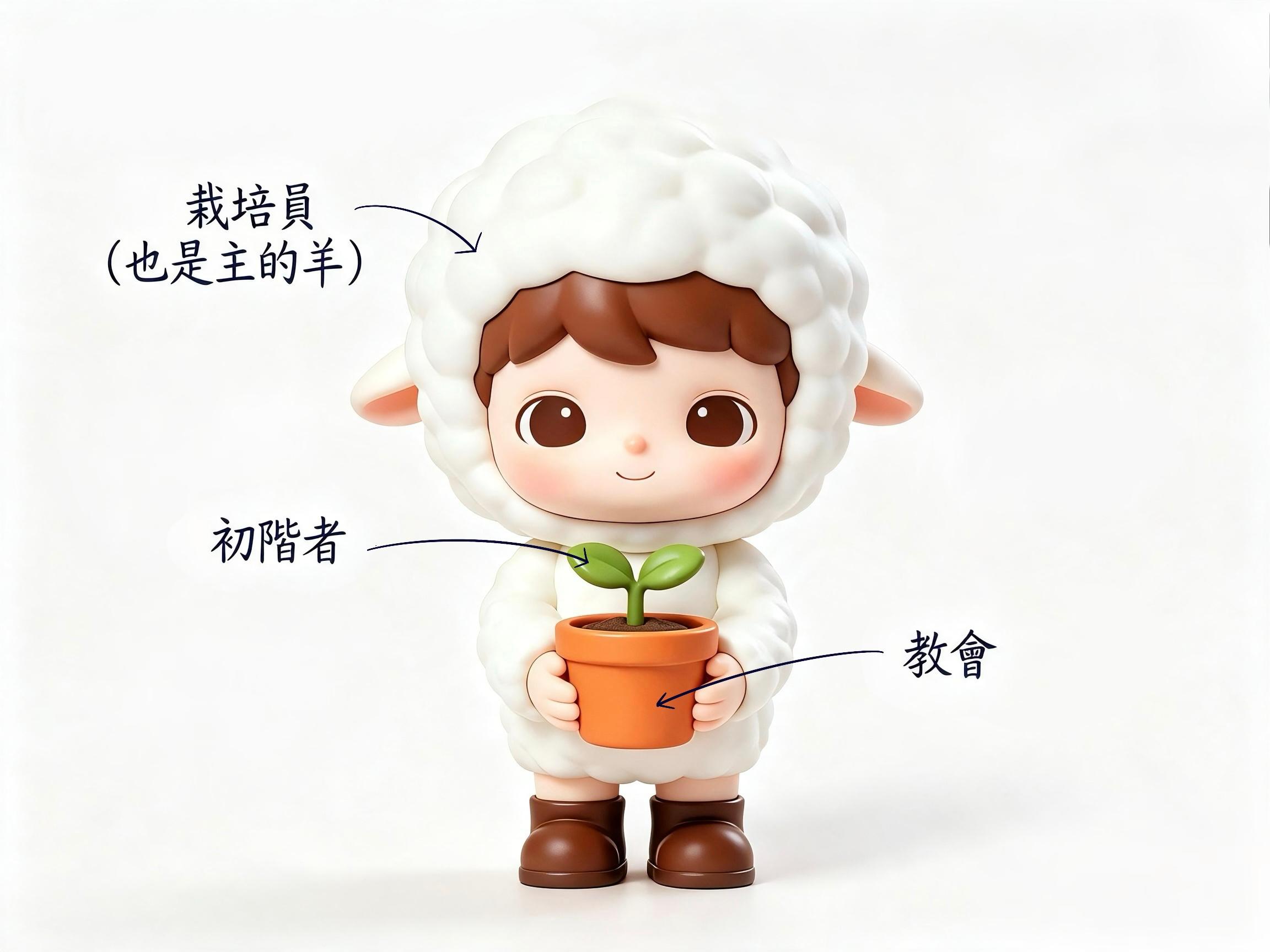 Joy B 是一位栽培員，身穿羊毛服象徵主的羊；幼苗代表被栽培的小羊；橙色花盆代表恩福堂，栽培員悉心照顧小羊，與小羊同行，學習真理一同在教會成長。感謝部員Ramma Mak弟兄設計。