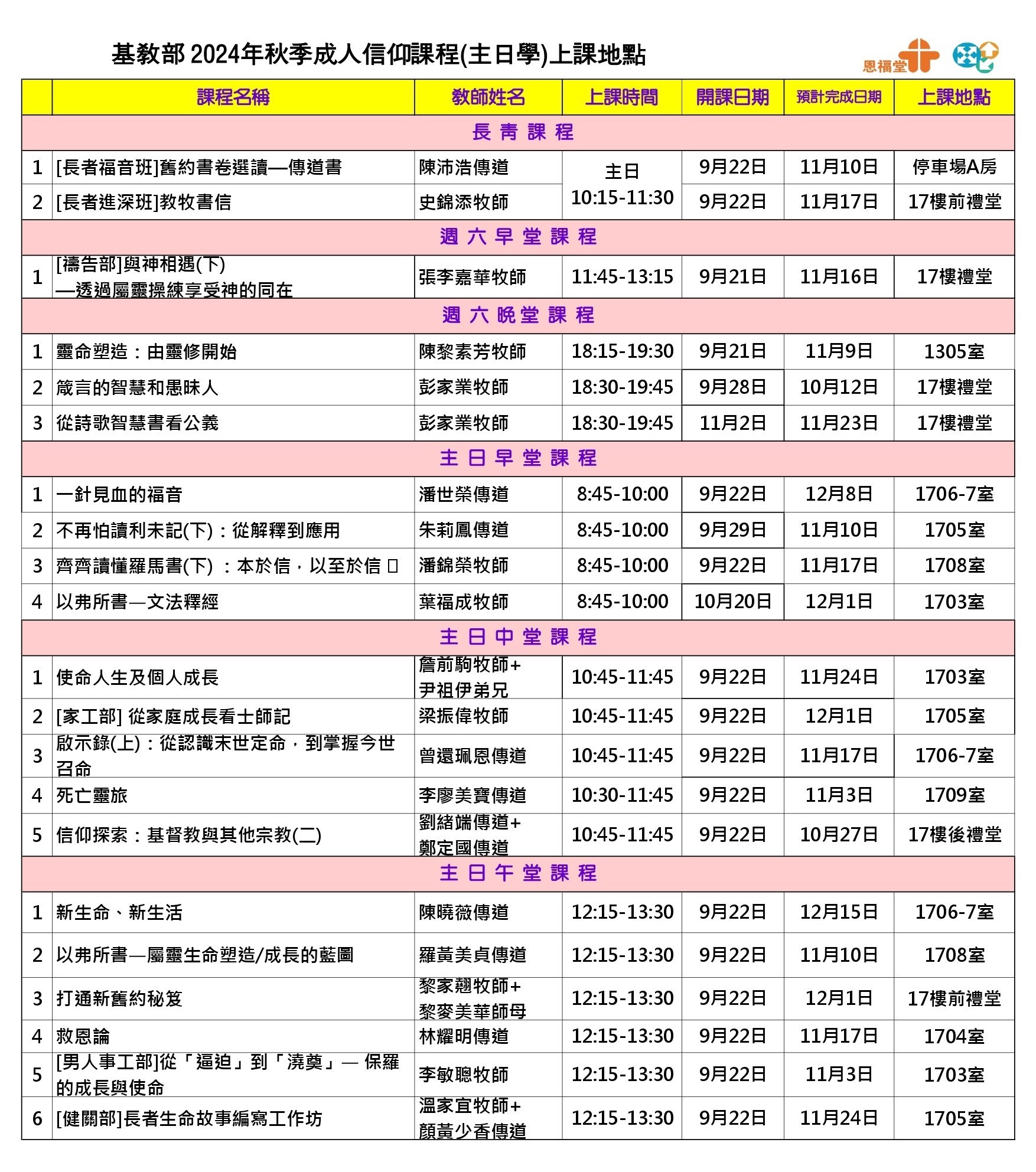 2024年秋季成人信仰課程開課日期、上課地點及時段